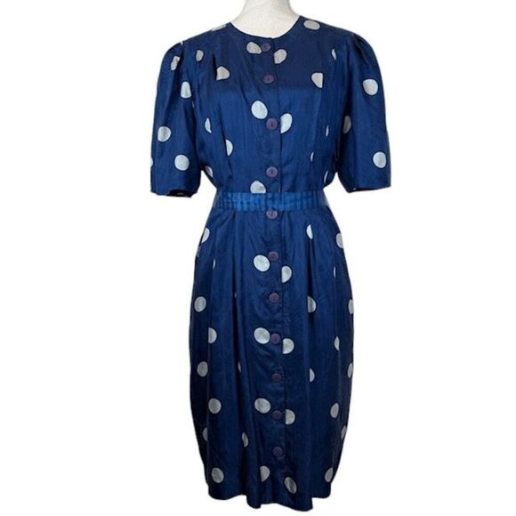 Vintage Neiman Marcus Silk Dress Polka Dot Blue Tie Belt Short Sleeve Size 12 - Picture 1 of 10